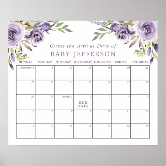 紫のバラ赤ちゃんシャワー推定期日カレンダー ポスター (正面)