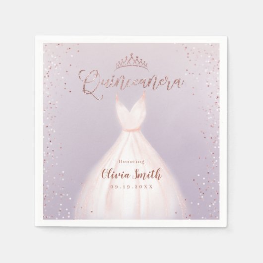 紫のバラ金ゴールドグリッターとドレスのキンセアニラ スタンダードカクテルナプキン (正面)