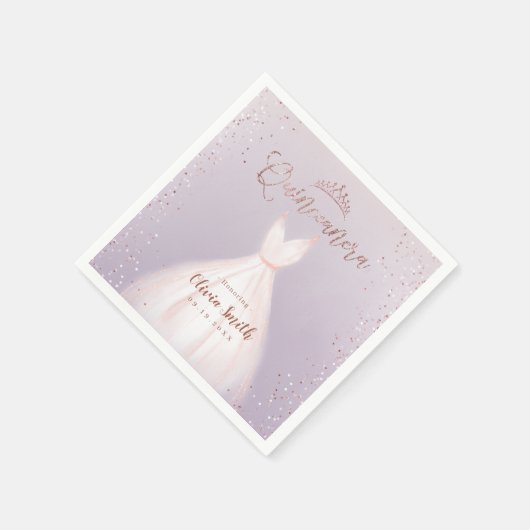 紫のバラ金ゴールドグリッターとドレスのキンセアニラ スタンダードカクテルナプキン (角)