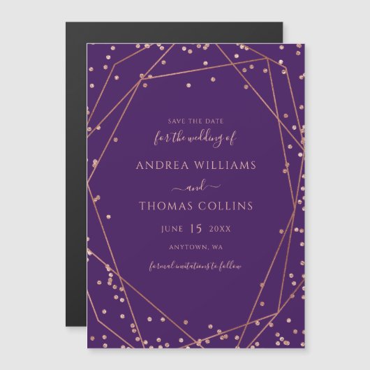 紫のバラ金ゴールドグリッター幾何学日付を保存 マグネット招待状 (正面/裏面)
