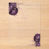 紫のバラ金ゴールドフローラ結婚式の日付を保存 アクリル招待状 (正面)