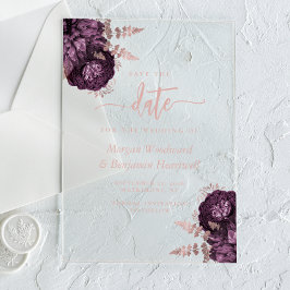 紫のバラ金ゴールドフローラ結婚式の日付を保存 アクリル招待状