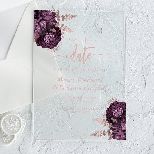 紫のバラ金ゴールドフローラ結婚式の日付を保存 アクリル招待状