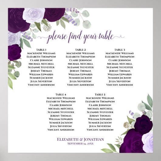紫のバラ5テーブルエレガントな結婚式のシーティングチャート ポスター (正面)