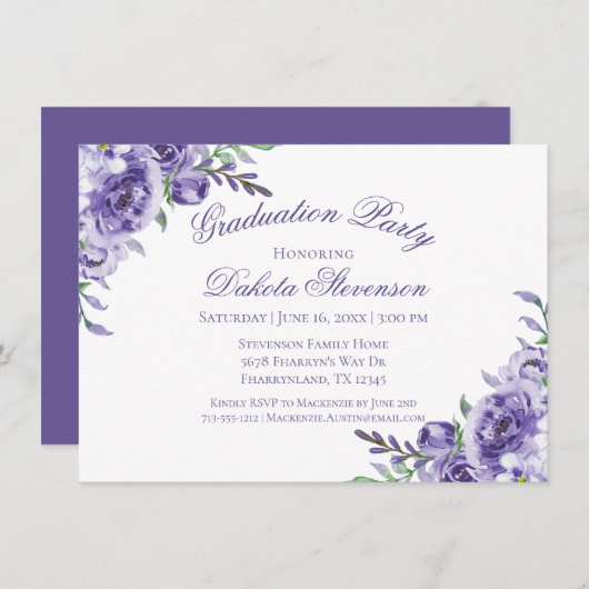 紫のバラ |エレガント水彩卒業 招待状 (正面/裏面)