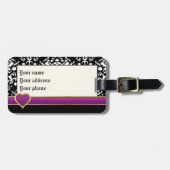 紫のバンドとハートを持つ白黒ダマスク ラゲッジタグ (正面横)