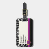 紫のバンドとハートを持つ白黒ダマスク ラゲッジタグ (正面縦)