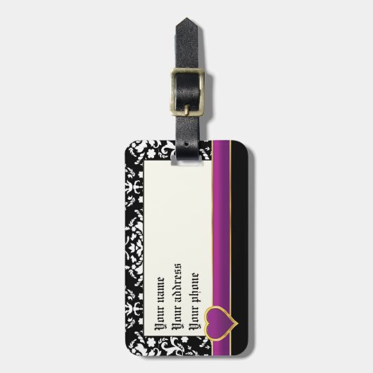 紫のバンドとハートを持つ白黒ダマスク ラゲッジタグ (正面縦)