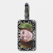 紫のバンドとハートを持つ白黒ダマスク ラゲッジタグ (裏面縦)