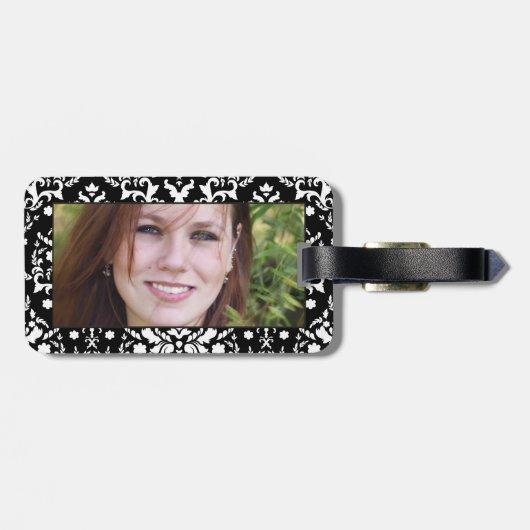 紫のバンドとハートを持つ白黒ダマスク ラゲッジタグ (裏面横)