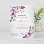 紫のバーガンディ薄紫の花と鳥の羽i 招待状 (スタンド正面)
