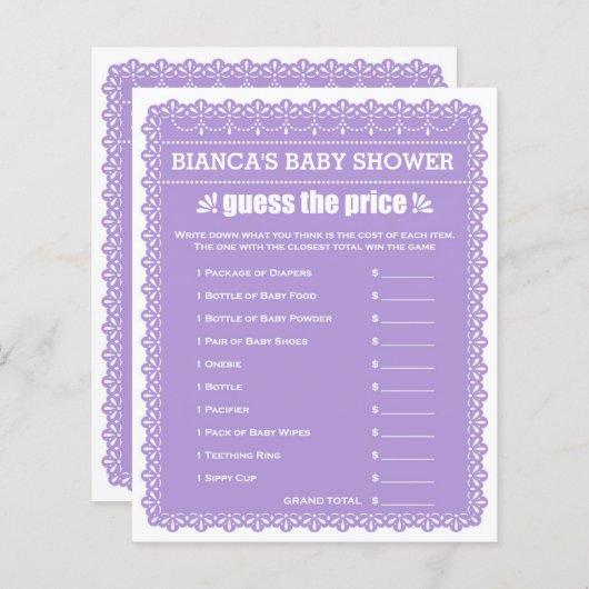 紫のパペルピカドで赤ちゃんシャワーゲーム (正面/裏面)