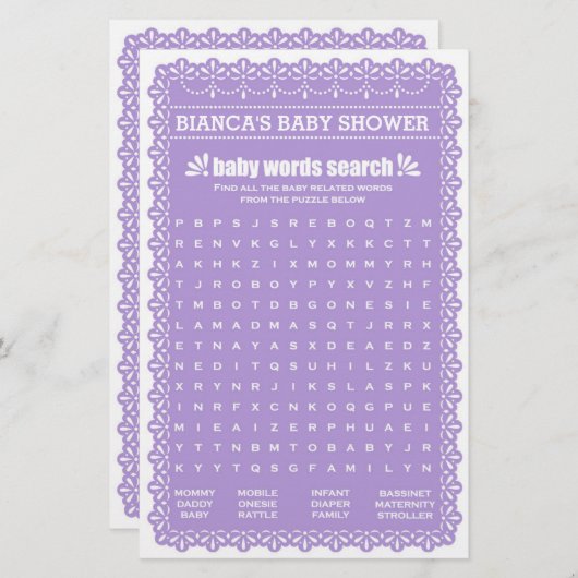 紫のパペルピカドで赤ちゃんシャワーゲーム (正面/裏面)