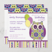 紫のパワー誕生日フクロウパーティの招待状 招待状 (正面/裏面)