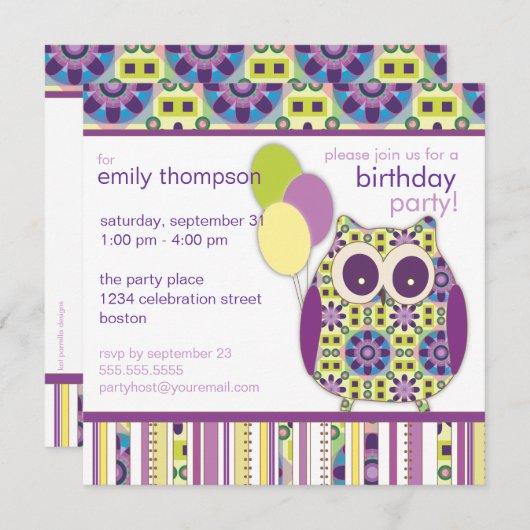 紫のパワー誕生日フクロウパーティの招待状 招待状 (正面/裏面)