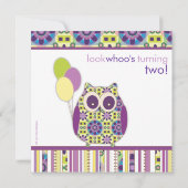 紫のパワー誕生日フクロウパーティの招待状 招待状 (裏面)