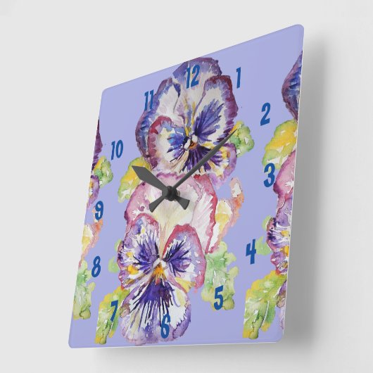 紫のパンジーの水彩画 女性のオフィス時計 スクエア壁時計 (傾斜)