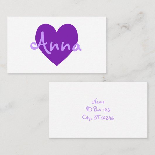 紫のパーソナライズされたハートオン白 名刺 (正面/裏面)