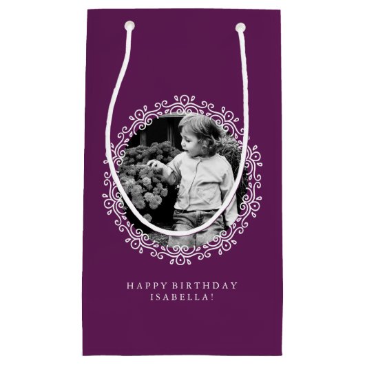 紫のパーソナライズされた渦巻きファンシー写真フレーム スモールペーパーバッグ (正面)