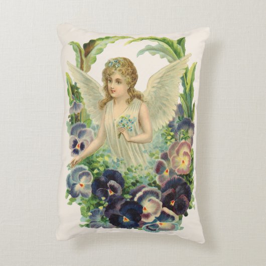 紫のビクトリアンパンジーの花とイースターエンジェル アクセントクッション (裏面(縦))