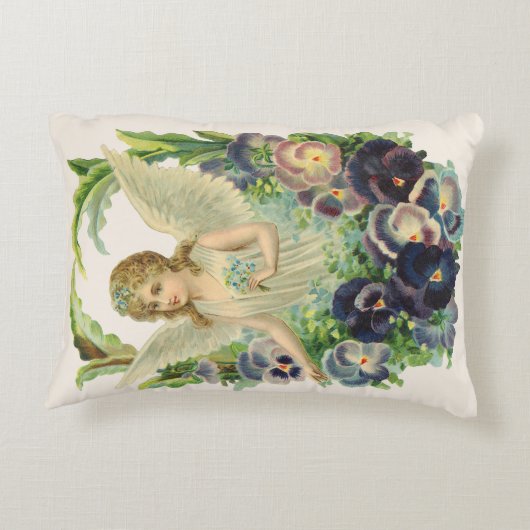 紫のビクトリアンパンジーの花とイースターエンジェル アクセントクッション (裏面)