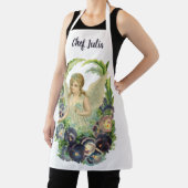 紫のビクトリアンパンジーの花とイースターエンジェル エプロン (インサイチュ)