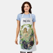 紫のビクトリアンパンジーの花とイースターエンジェル エプロン (着用した状態)