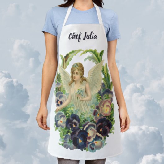 紫のビクトリアンパンジーの花とイースターエンジェル エプロン