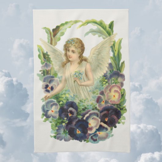 紫のビクトリアンパンジーの花とイースターエンジェル キッチンタオル