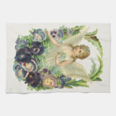 紫のビクトリアンパンジーの花とイースターエンジェル キッチンタオル (横)