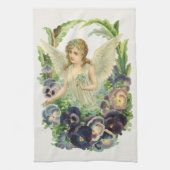 紫のビクトリアンパンジーの花とイースターエンジェル キッチンタオル (縦)