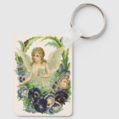 紫のビクトリアンパンジーの花とイースターエンジェル キーホルダー (裏面)