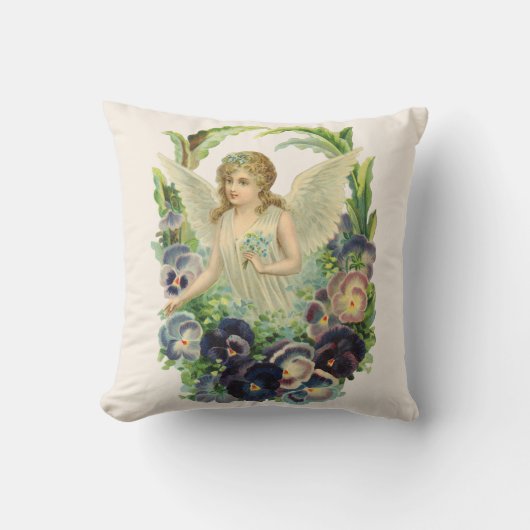 紫のビクトリアンパンジーの花とイースターエンジェル クッション (正面)
