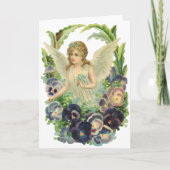 紫のビクトリアンパンジーの花とイースターエンジェル シーズンカード (正面)