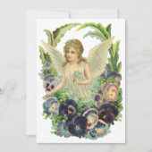 紫のビクトリアンパンジーの花とイースターエンジェル シーズンカード (正面)