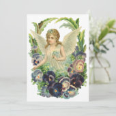 紫のビクトリアンパンジーの花とイースターエンジェル シーズンカード (スタンド正面)