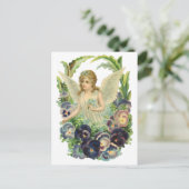 紫のビクトリアンパンジーの花とイースターエンジェル シーズンポストカード (スタンド正面)