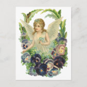 紫のビクトリアンパンジーの花とイースターエンジェル シーズンポストカード (正面)