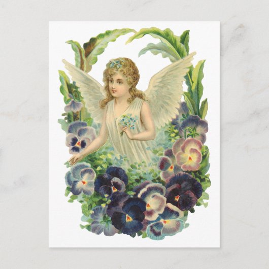 紫のビクトリアンパンジーの花とイースターエンジェル シーズンポストカード (正面)