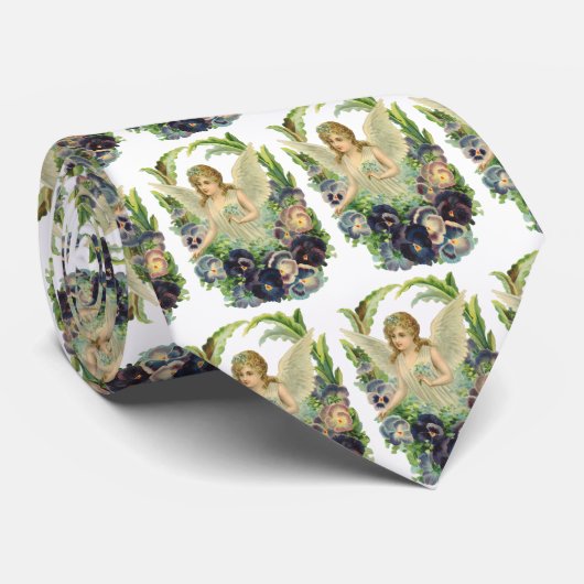 紫のビクトリアンパンジーの花とイースターエンジェル ネクタイ (ロール)