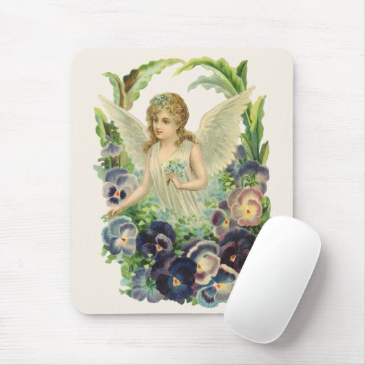 紫のビクトリアンパンジーの花とイースターエンジェル マウスパッド (マウス)
