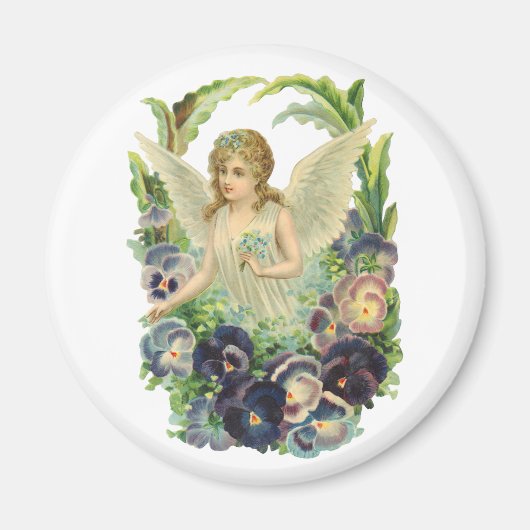 紫のビクトリアンパンジーの花とイースターエンジェル マグネット (正面)