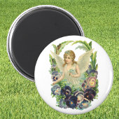 紫のビクトリアンパンジーの花とイースターエンジェル マグネット