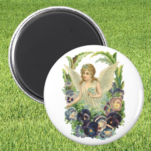 紫のビクトリアンパンジーの花とイースターエンジェル マグネット