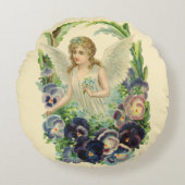 紫のビクトリアンパンジーの花とイースターエンジェル ラウンドクッション (正面)