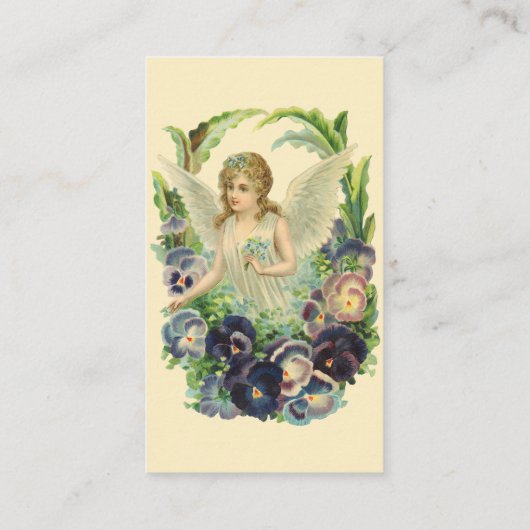 紫のビクトリアンパンジーの花とイースターエンジェル 名刺 (裏面)