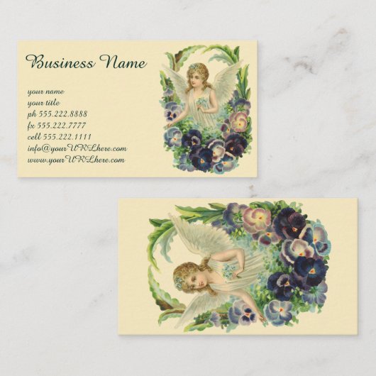 紫のビクトリアンパンジーの花とイースターエンジェル 名刺 (正面/裏面)