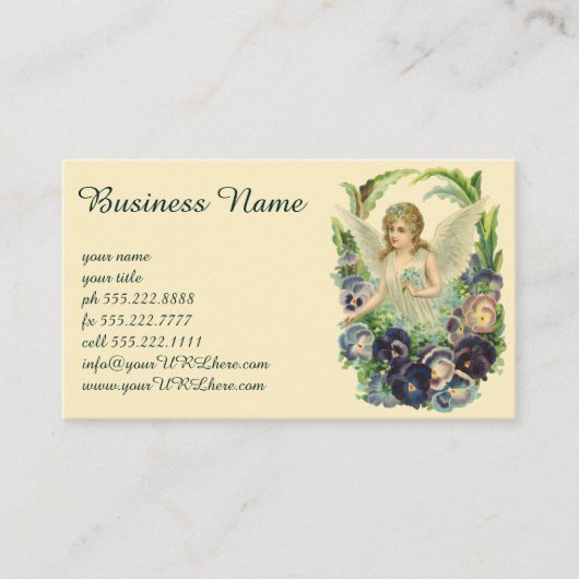 紫のビクトリアンパンジーの花とイースターエンジェル 名刺 (正面)