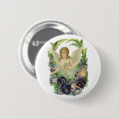 紫のビクトリアンパンジーの花とイースターエンジェル 缶バッジ (正面&裏面)