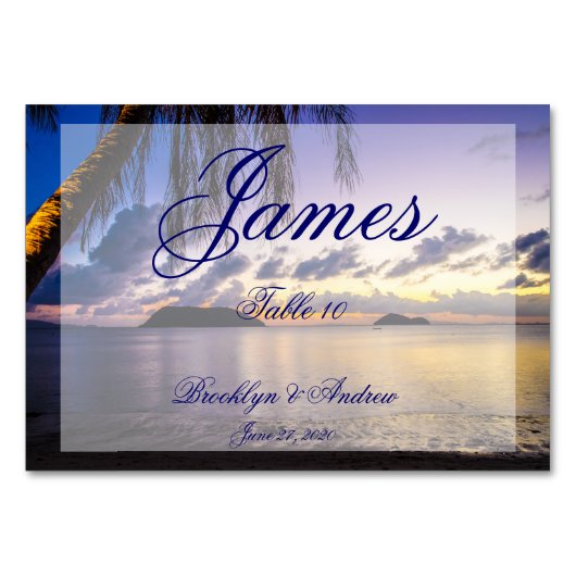 紫のビーチ結婚式座席表テーブルカード テーブルナンバー (正面)